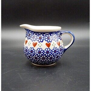 Boleslawiec Polish Pottery Creamer Hearts Daisies Handmade Flowers Red Blue